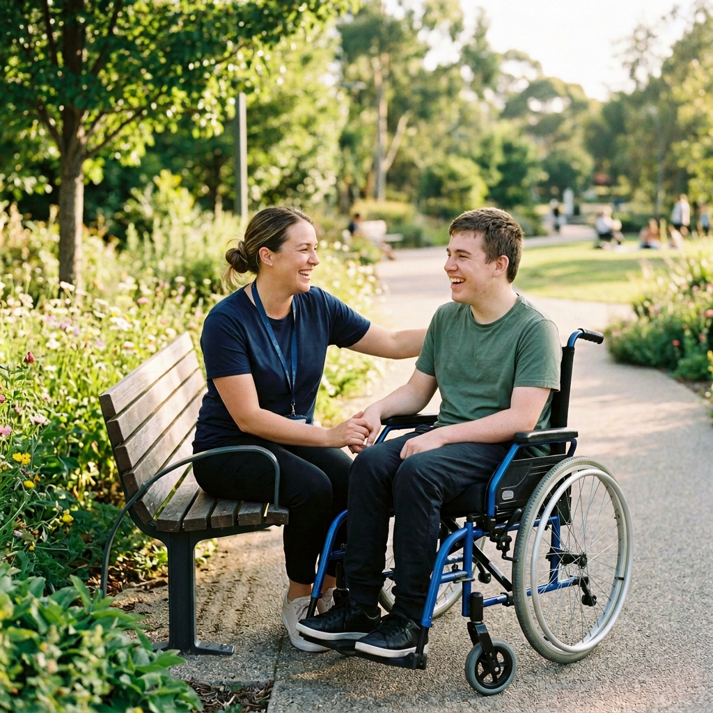 Support worker talking with a person seated in a wheelchair beside a park bench