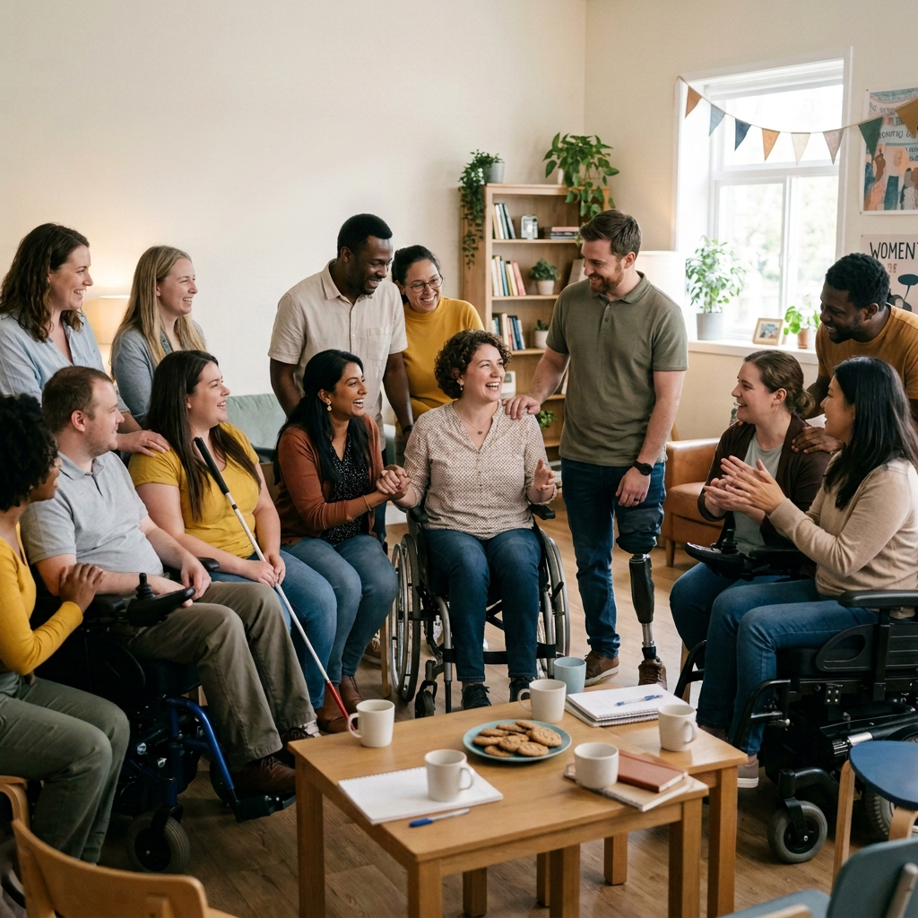 Diverse support group gathered around a table with visible mobility aids